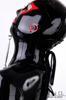 Preview: Latex discipline neck corset in black with adjusting screw and lacing seen from behind