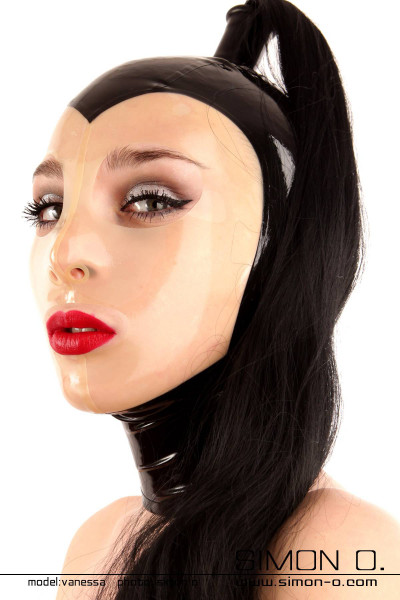 Domina latex hood in black with transparent face and hairpiece in black