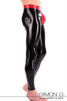 Preview: A man wears a skintight black push up latex leggings with red waistband and red insert in the genital area.