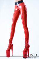 Preview: Red tight sheen latex leggings with black waistband seen from the front.