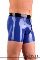 Vorschau: Herren Latex Shorts in Blau mit schwarzen Bund und Reißverschluss im Schritt.