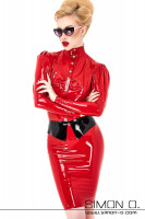 Preview: A blonde woman wearing a tight shiny ladies latex blouse with stand-up collar in combination with a latex skirt in red