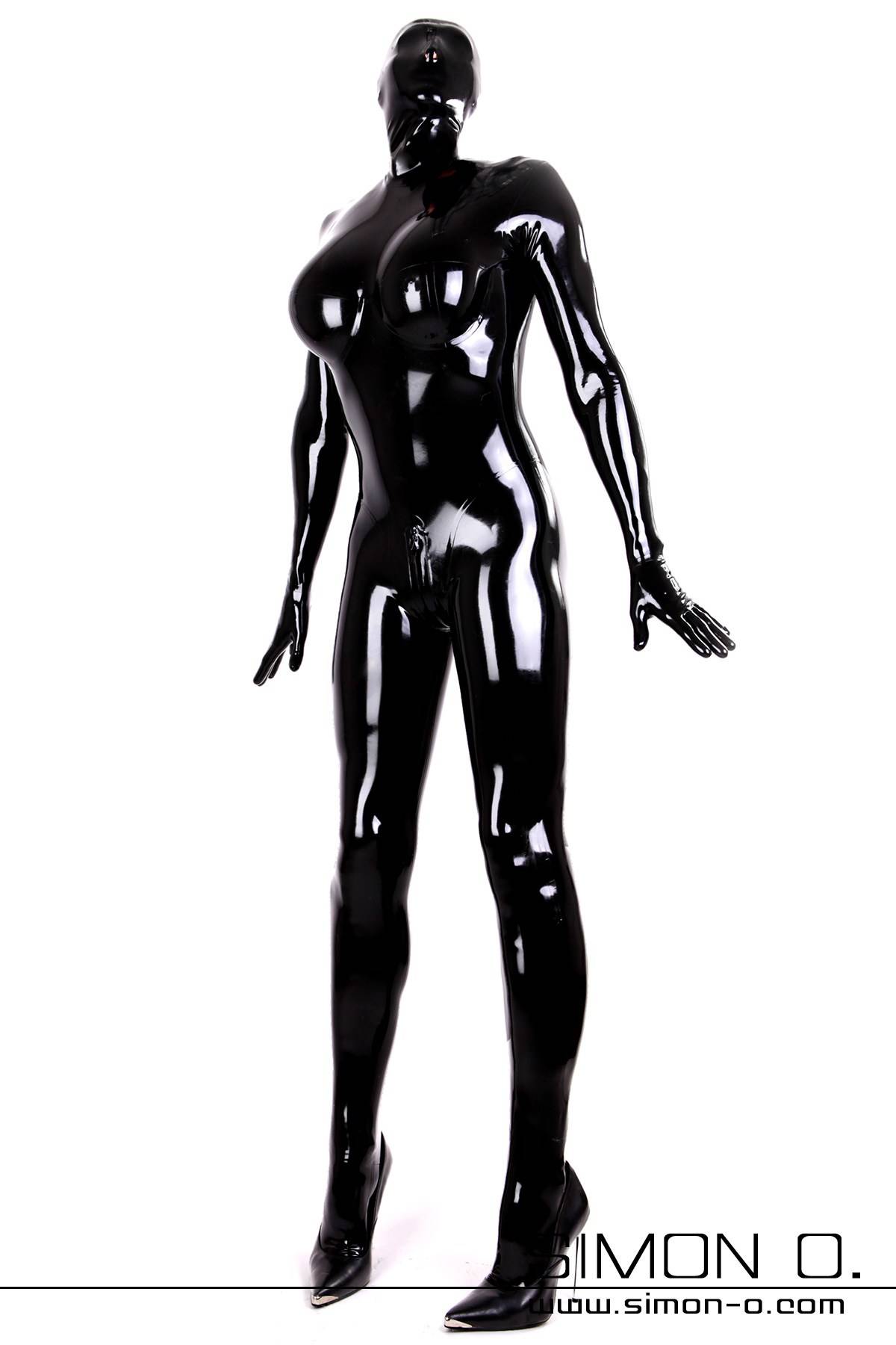 Zentai rubberdoll latex catsuit with silicone breasts black full body suit with gloves mask and socks