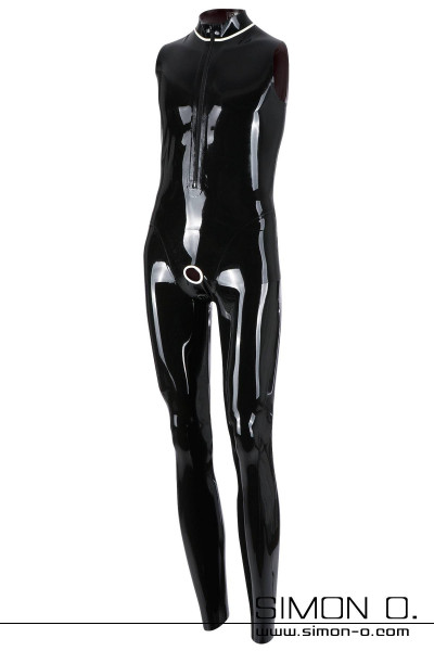 Men's latex suit in black with stand-up collar cock ring and entry zipper in front