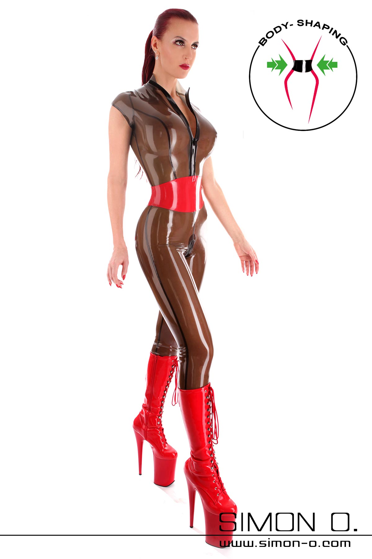 Black transparent latex bodysuit with zipper in the front and red waist belt seen from behind
