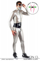 Preview: A man wears a shiny latex catsuit in silver with an integrated wide corset in black - seen from the front