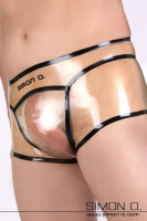 Vorschau: Transparente Wet Look Latex Unterhose mit Zierstreifen in Schwarz und Simon O. Logo