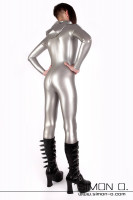 Preview: Latex suit with hood in silver with skintight fit seen from behind