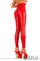 Preview: Legs and bottom in tight red shine latex leggings with high waistband that goes up to the waist