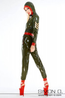 Preview: Latex Catsuit in Military Look with hood and pockets in Olive Green with Red 