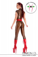 Preview: Black transparent latex bodysuit with zipper in the front and red waist belt seen from behind