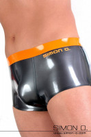 Preview: A man wears a shiny latex underpants in metallic colours with a waistband in contrasting colour.