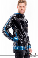 Preview: Glossy men's latex jacket with pockets and hood in black combined with blue