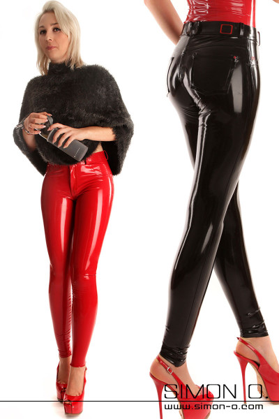 Latex jeans in black and red glossy and wrinkle-free skin tight 