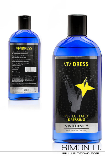 Dressing aid for latex clothing by Vivishine in a blue bottle