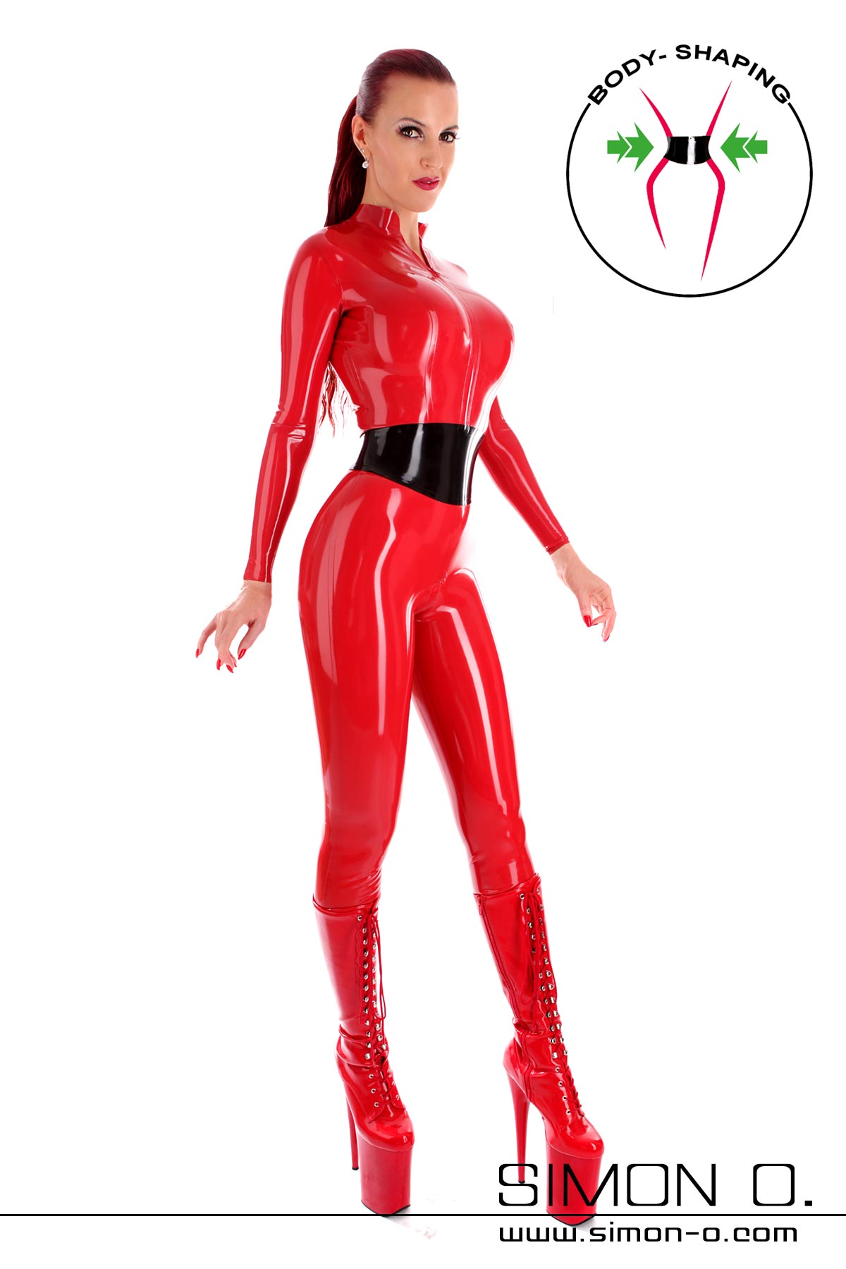 Skin tight red latex catsuit with zipper in the crotch and black bodice seen from behind