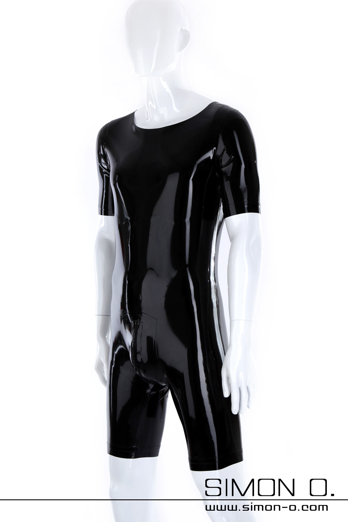 Black skintight latex body with round neckline and zipper in the crotch seen from behind