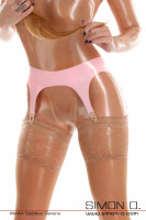 Preview: A woman wears a latex suspender belt in pink over a transparent latex catsuit