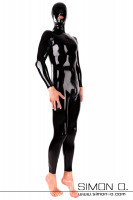 Preview: A man wears a black hood with a tight shiny black latex suit with zipper in the crotch