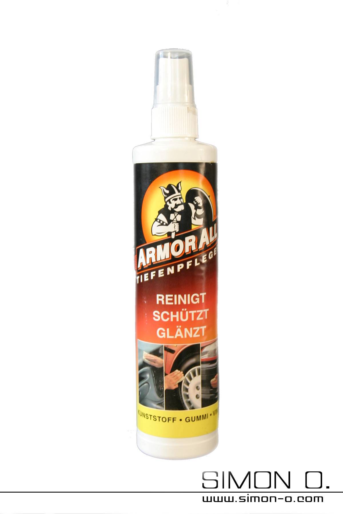 A bottle for latex care with pump spray head with Amor All label