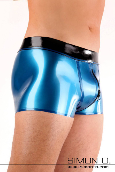 A man with a latex shorts with crotch zipper in blue metallic blue