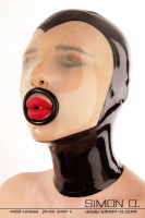 Preview: Black latex hood with transparent insert in the face area. Eyes closed and at the mouth there is a black ring