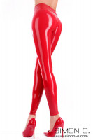 Preview: A woman wears shiny red latex leggings with red high heels seen from behind.