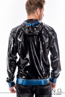 Preview: Shiny training latex jacket with pockets and hood in black combined with blue