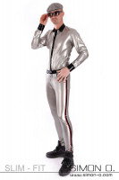 Preview: A man wears tight latex trousers with contrasting colored stripes on the sides. A matching latex shirt in silver.