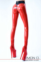 Preview: Red tight latex leggings with black waistband seen from behind.