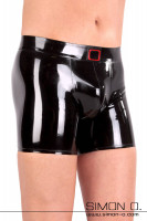 Vorschau: Schwarze glänzende Latex Shorts für Herren mit Simon O. Logo am Bund
