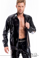 Vorschau: Ein Mann trägt eine Latex Jacke in Schwarz mit Stehkragen und Taschen
