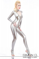 Preview: A silver shiny latex catsuit with zipper in the crotch area