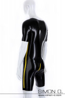 Preview: Black short sleeve latex bodysuit with yellow zipper and yellow side stripes