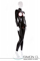 Preview: Black latex bondage catsuit with red bordered open chest area