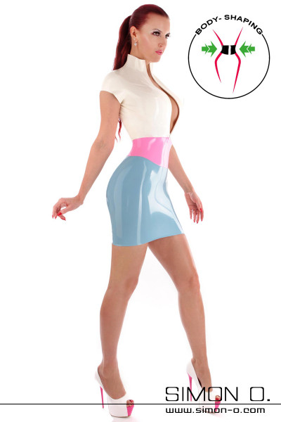 Latex mini dress tricolour with short sleeves zip in front and integrated waist belt
