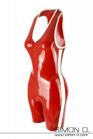 Preview: Latex leotard in red with color contrasting stripes in white with black