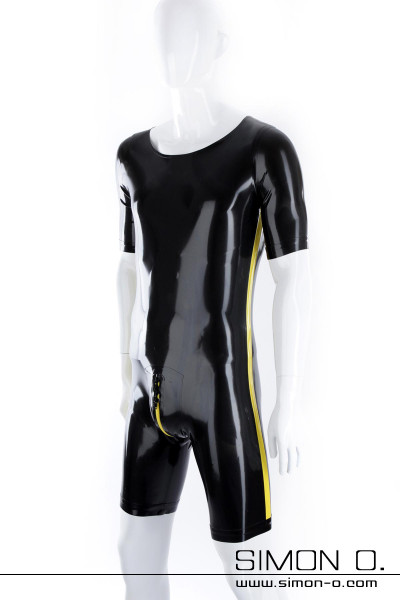 Schwarzer Latex Bodysuit mit kurzen Armen und gelben Zipp und gelben seitlichen Streifen