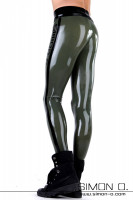 Preview: Wetlook leggings in olive green for men made from latex - Sporty look with stripes side and logo in black