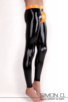 Vorschau: Glänzende schwarze Latex Leggings mit Zipp im Schritt und Kontrastfarbe in orange