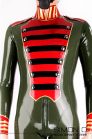Vorschau: Latex Anzug für Herren in Uniform Stil in Olive Grün mit Schwarzen roten und goldenen Applikationen