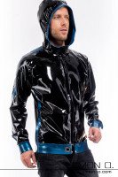 Preview: Shiny latex jacket for men with pockets and hood in black combined with blue
