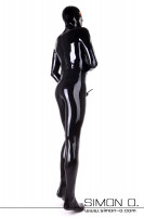 Preview: Skin tight shiny latex suit in black with condom for men seen from behind