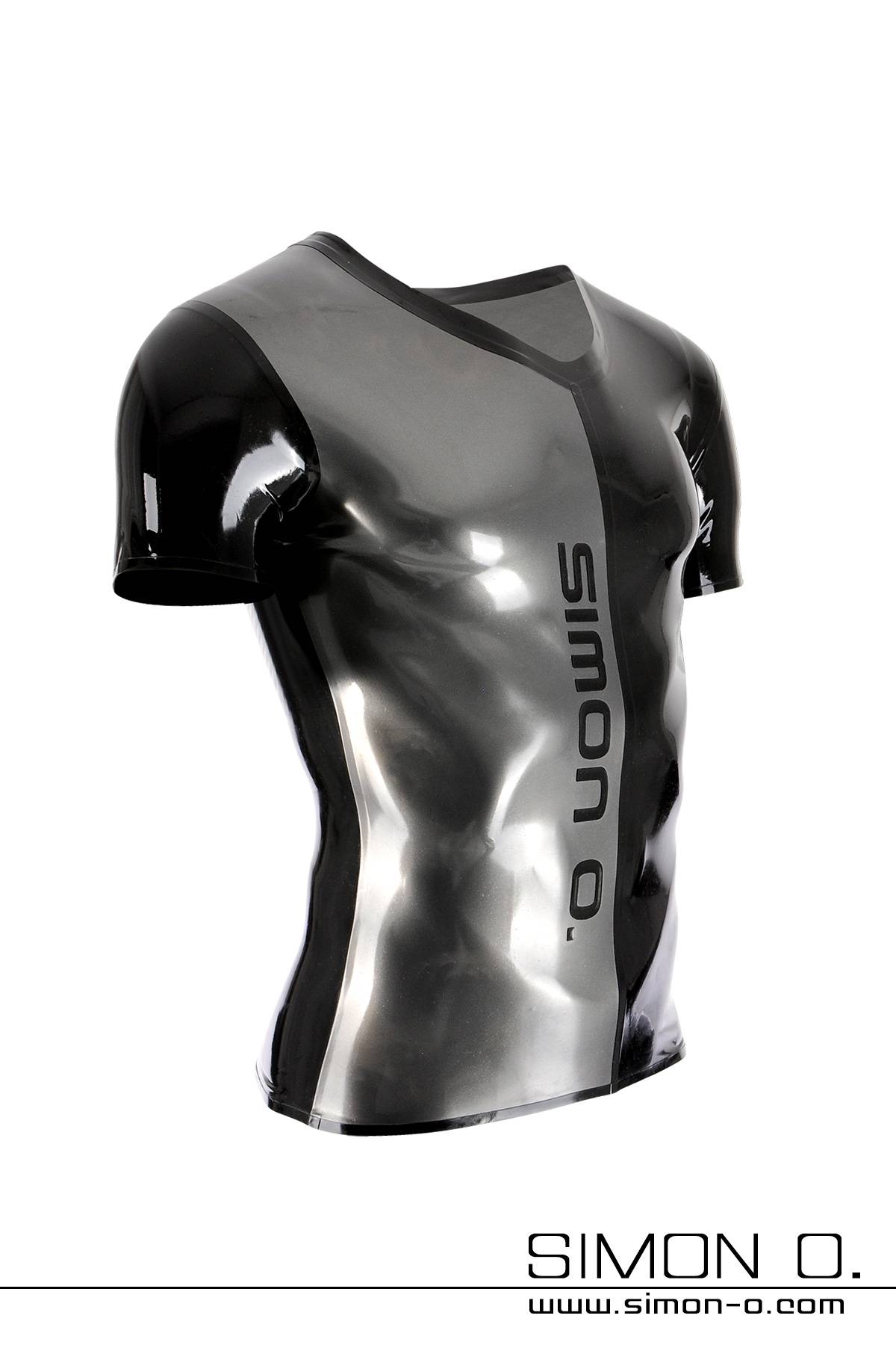 Short-sleeved latex shirt two-tone in the colours metallic grey and black with V-neck and Simon O. Logo