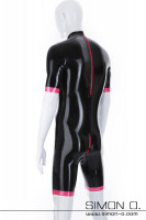 Preview: Latex surf suit in black with zipper in the crotch and contrast color at arms and legs seen from behind