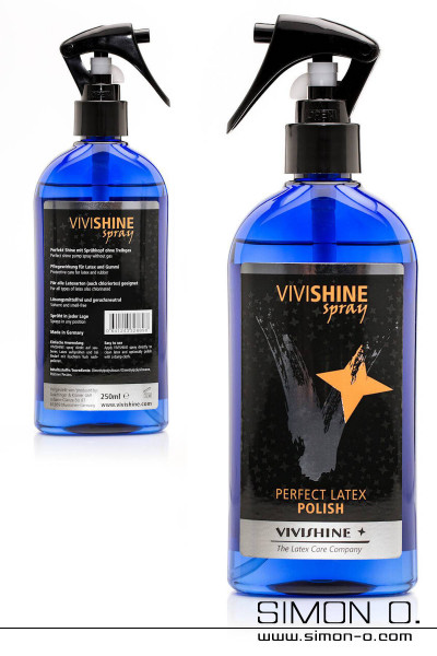Latex Shine Spray by Vivishine for Latex Clothing in a blue bottle with black Spray head