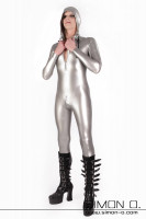 Preview: latex suit with hood and black cord in silver with skintight fit from the front