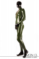 Preview: Skin tight wet look latex suit for men in olive green and zipper in crotch area