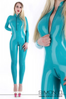 Vorschau: Eine Frau trägt einen hautengen Latex Catsuit in Petrol Farben mit Zipp vorne und Zipp im Schritt