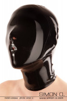 Preview: Black latex hood with closed eyes and hole at mouth for a gag outlet